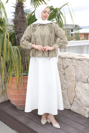 Haki Omuz Büzgülü Gömlek