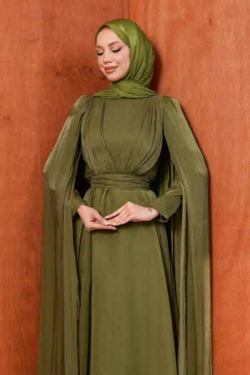 Haki Omuz Detaylı Drapeli Abiye