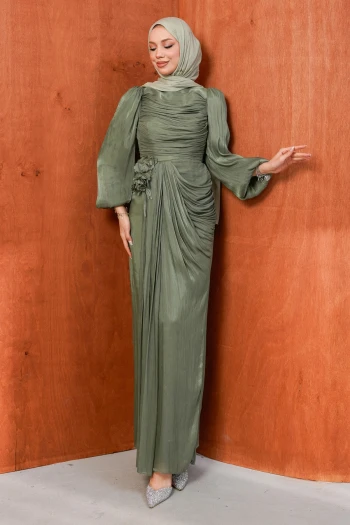 Haki Önü Drapeli Gül Detaylı Abiye