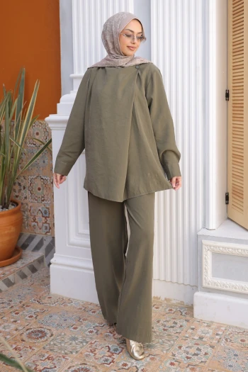 Haki Yaka Detaylı Tunik Pantolonlu Modal Takım
