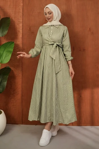 Haki Yaka Düğmeli Yan Bağlamalı Çizgili Elbise