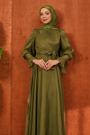 Haki Yan Bağlamalı Kol Detaylı Abiye