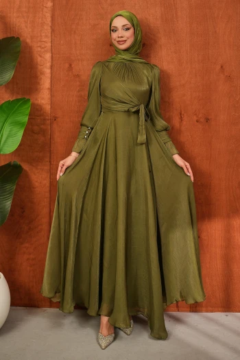 Haki Yan Bağlamalı Kol Detaylı Abiye