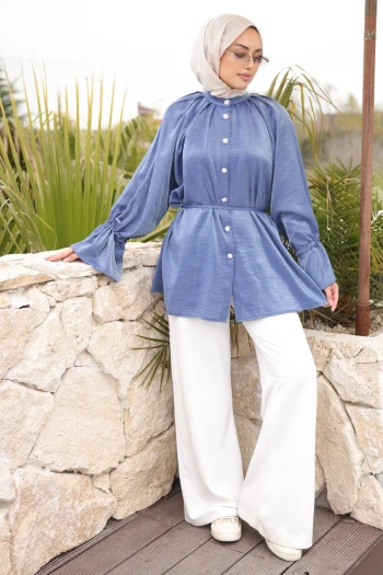 İndigo Kol Ve Bel Bağlamalı Düğmeli Tunik