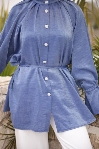 İndigo Kol Ve Bel Bağlamalı Düğmeli Tunik