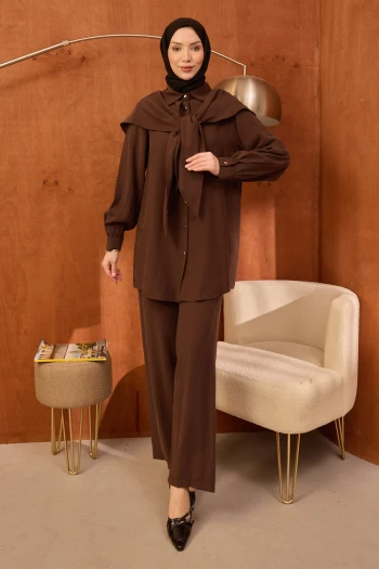 Kahve Şal Detaylı Tunik Pantolonlu Takım
