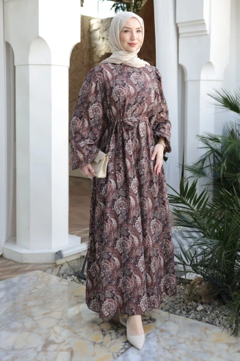 Kahverengi Balon Kol Desenli Viscon Elbise
