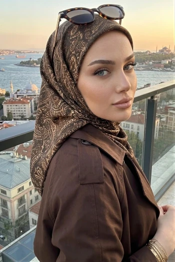 Kahverengi Bej Trend Dijital Twil- Rayon Krisital Eşarp