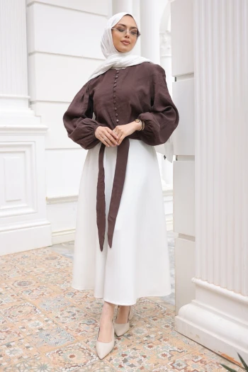 Kahverengi Bel Bağlamalı Düğmeli Gömlek