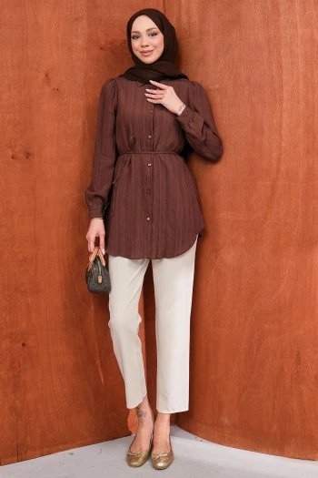 Kahverengi Bel Bağlamalı Düğmeli Tunik