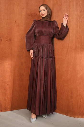 Kahverengi Bel Büzgülü Katlı Abiye