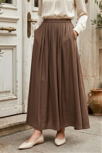 Kahverengi Bel Lastikli Çift Cepli Parçalı Etek