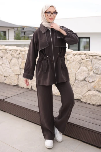 Kahverengi Bel Lastikli Fermuarlı Ceket Pantolonlu Takım