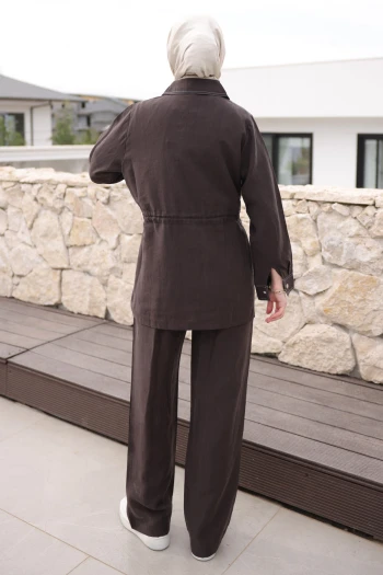 Kahverengi Bel Lastikli Fermuarlı Ceket Pantolonlu Takım