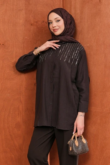 Kahverengi Boncuk İşlemeli Gömlek