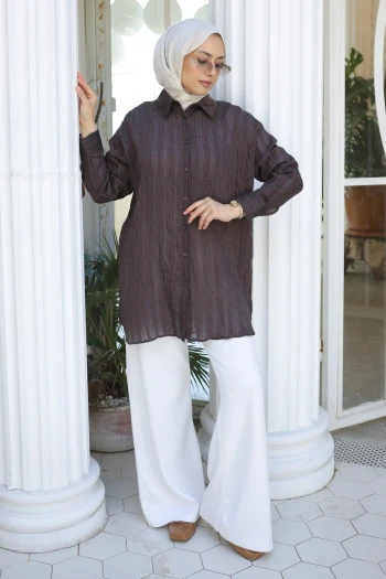 Kahverengi Çizgili Salaş Gömlek