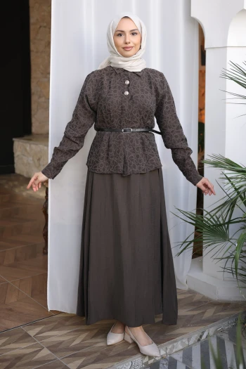 Kahverengi Desenli Modal Gömlek Etekli Takım