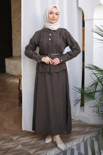 Kahverengi Desenli Modal Gömlek Etekli Takım