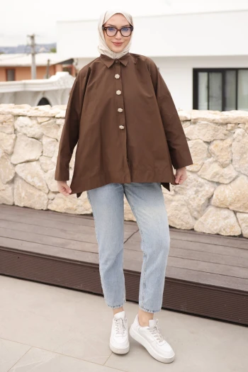 Kahverengi Düğmeli Geniş Kol Tunik