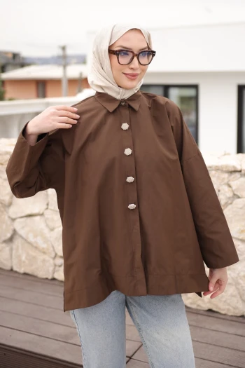 Kahverengi Düğmeli Geniş Kol Tunik