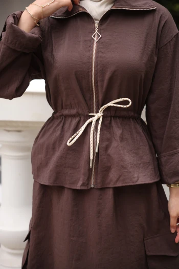 Kahverengi Fermuarlı Ceket Kargo Cepli Etekli Takım