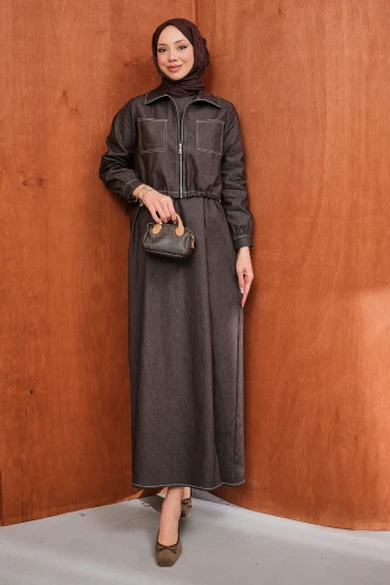 Kahverengi Fermuarlı Ceket Kot Jile Takım