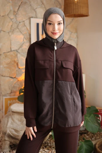 Kahverengi Garnili Tunik Pantolonlu Modal Takım