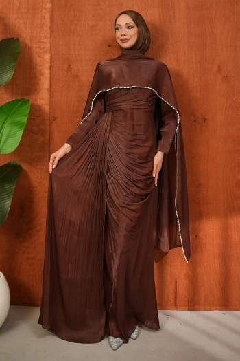 Kahverengi İnci Pelerinli Önü Büzgülü Abiye