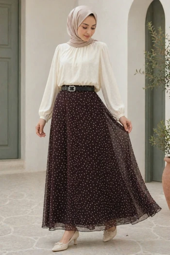 Kahverengi Kemerli Puantiyeli Şifon Etek