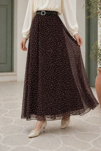 Kahverengi Kemerli Puantiyeli Şifon Etek