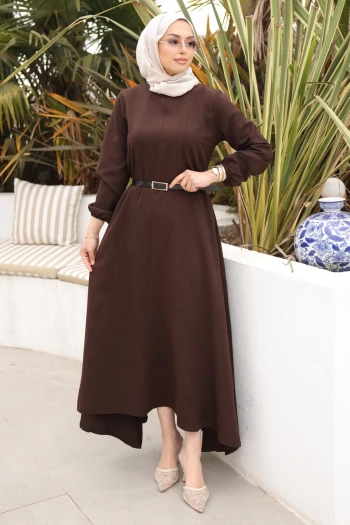 Kahverengi Kol Lastikli Kemerli Parçalı Dabıl Elbise