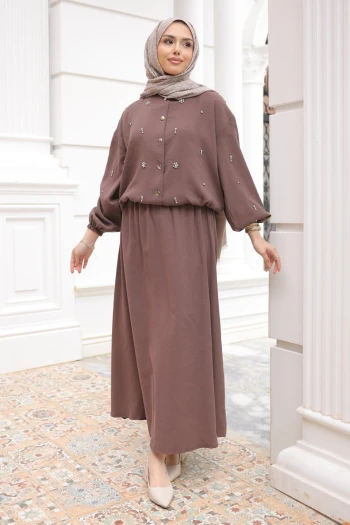 Kahverengi Kol Ve Bel Lastikli Taşlı Ceket Etekli Takım