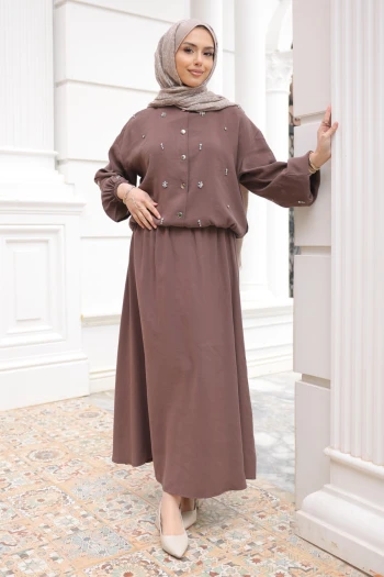 Kahverengi Kol Ve Bel Lastikli Taşlı Ceket Etekli Takım