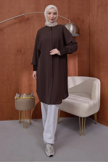 Kahverengi Kolları Nervürlü Linda Tunik