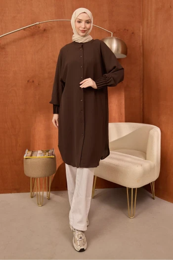 Kahverengi Kolları Nervürlü Linda Tunik