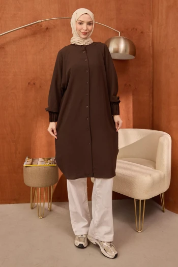 Kahverengi Kolları Nervürlü Linda Tunik