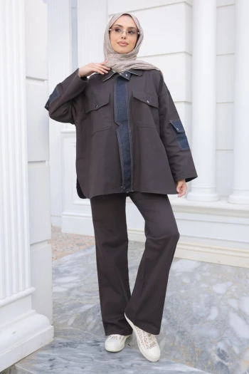 Kahverengi Kot Garnili Ceket Pantolonlu Takım