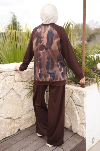 Kahverengi Ön Batik Desenli Reglan Kol Tunik Pantolonlu Modal Takım