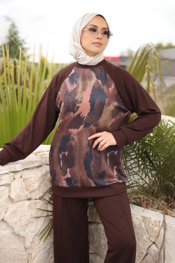 Kahverengi Ön Batik Desenli Reglan Kol Tunik Pantolonlu Modal Takım