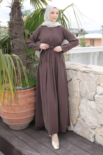 Kahverengi Ön Etek Pileli Belden  Bağlamalı Modal Dokuma Elbise