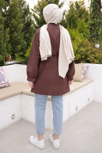 Kahverengi Önü Alerli Düğmeli Tunik
