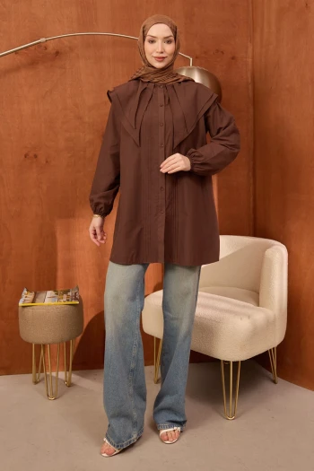 Kahverengi Önü Nervürlü Çift Yakalı Poplin Tunik