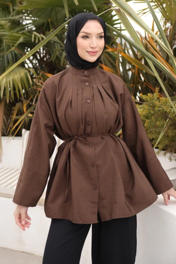 Kahverengi Önü Piliseli Bağlamalı Tunik