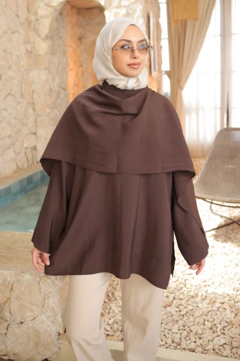 Kahverengi Şal Detay Bel Bağlamalı Bluz