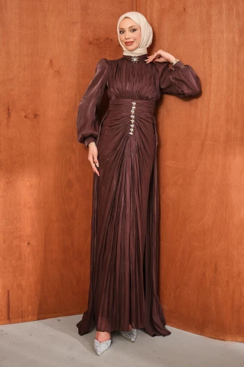 Kahverengi Taş Detaylı Drapeli Janjan Abiye