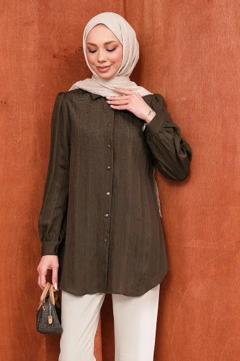 Kahverengi Taş Detaylı Düğmeli Tunik Tunik