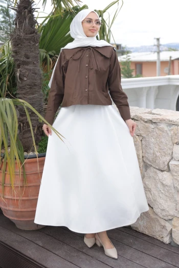 Kahverengi Yaka Dantelli Poplin Gömlek