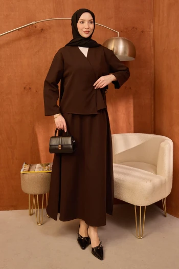 Kahverengi Yandan Bağlamalı Dabıl Kimono Etekli Takım