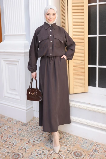 Kahverengi Yarasa Kol Asimetrik Cepli Ceket Etekli Takım