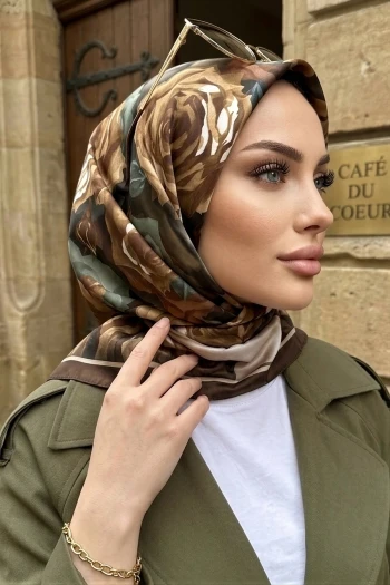 Kahve/Yeşil Desenli Soft Eşarp